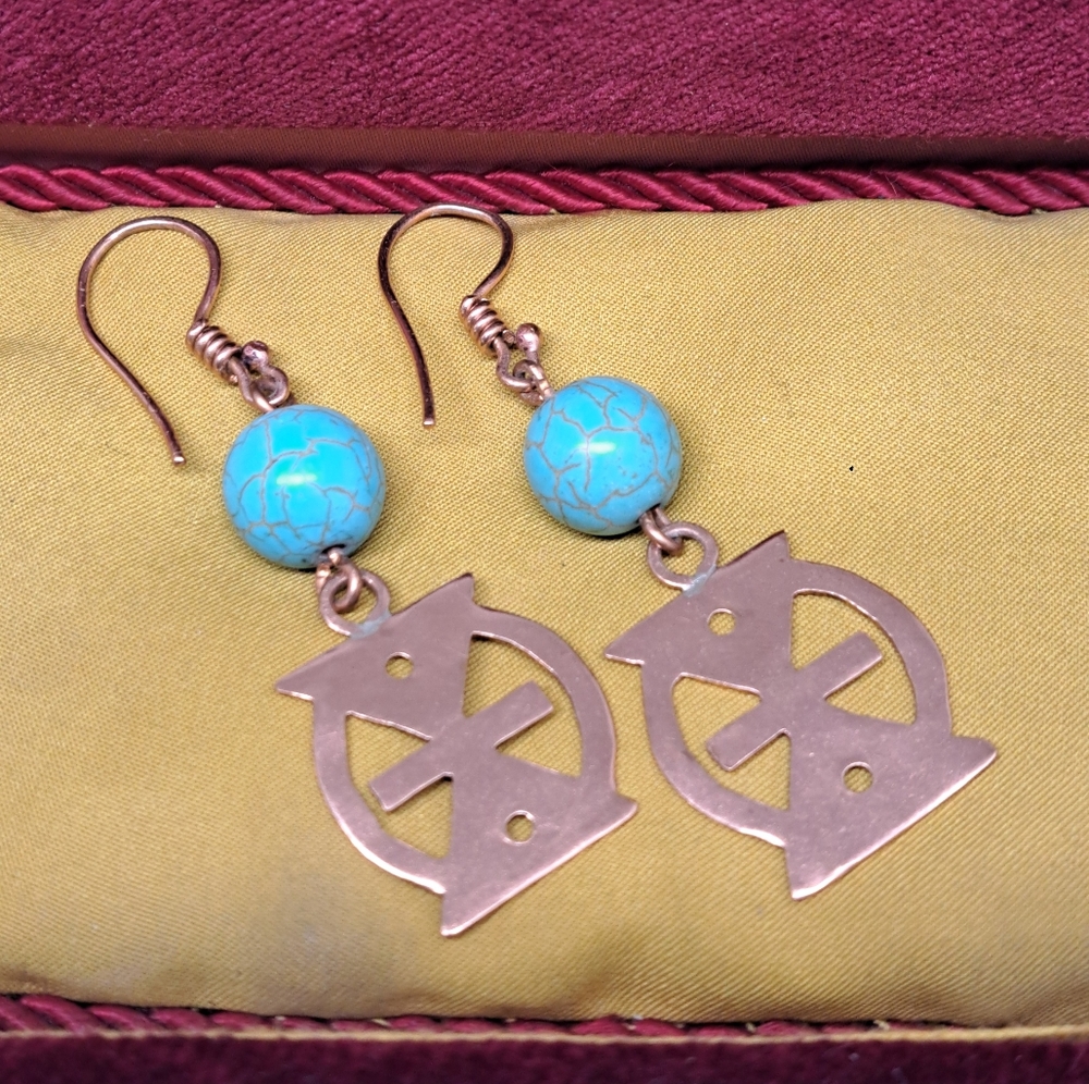 HANDMADE TURQUOISE COOPER EARRING ADINKRA DANGELING EARRINGS